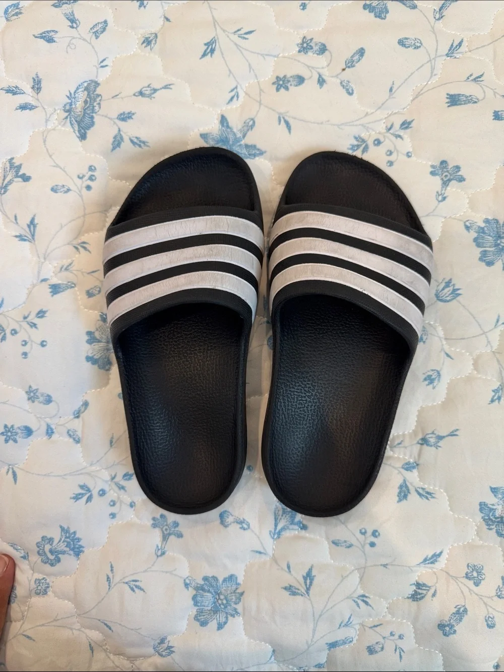 adidas Black and White Three-Stripe Slide Sandals